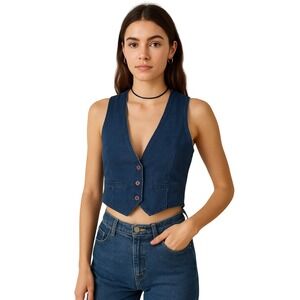 PENTIMENTO 70s Crop‎ denim vest button front waistcoat indie aesthetic britpop